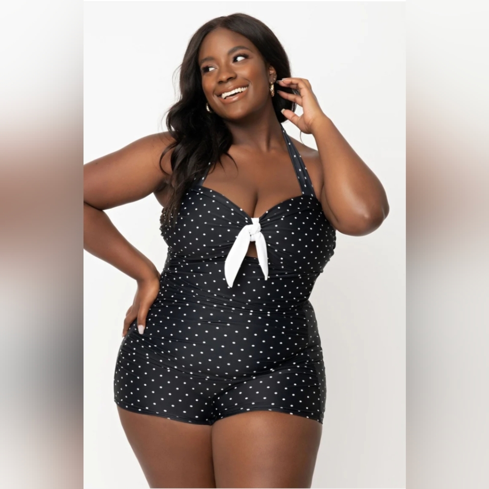 Unique Vintage Black & White Pin Dot Boy Short Romper Swimsuit NWT size 1X